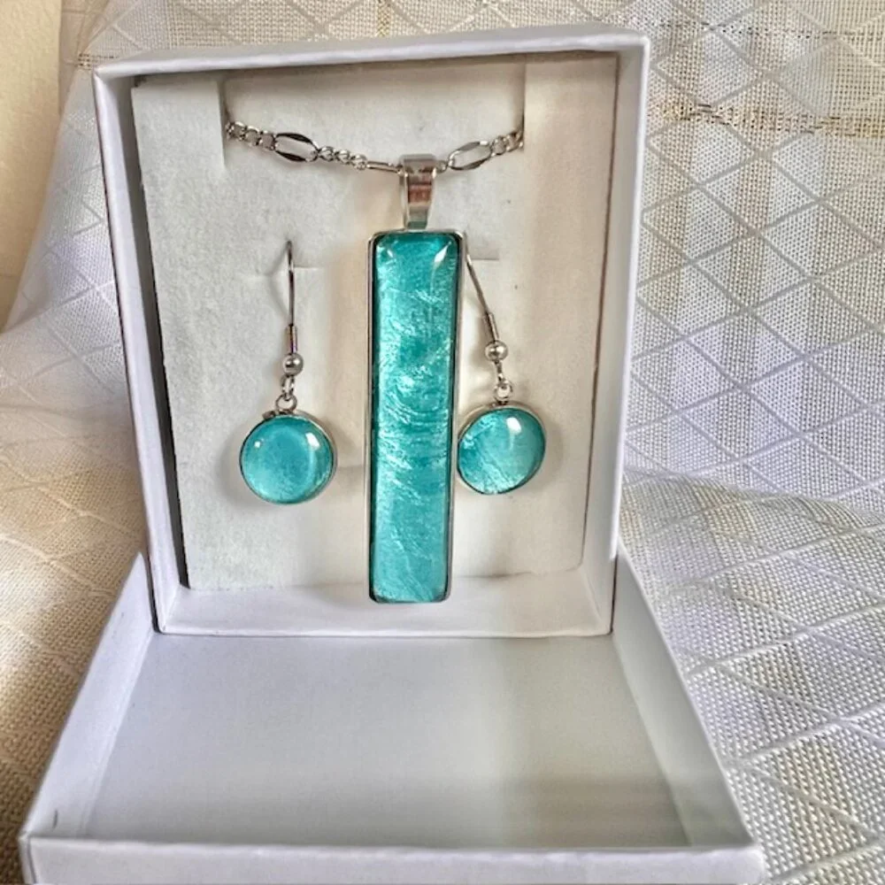 Blue Necklace & Earring Gift Set, Handmade Blue Jewelry, Stainless Steel, Glass - Picture 9 of 9